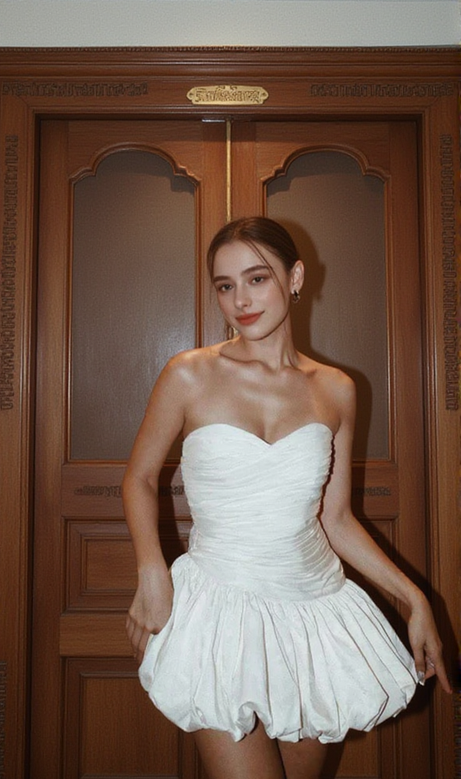Balloon Draped strapless Mini Dress in white