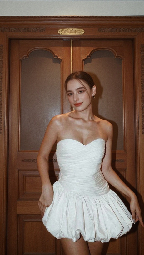 BALLOON DRAPED STRAPLESS MINI DRESS IN WHITE