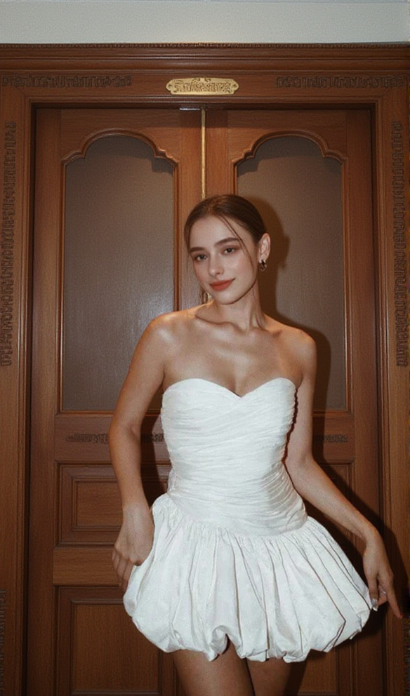 BALLOON DRAPED STRAPLESS MINI DRESS IN WHITE