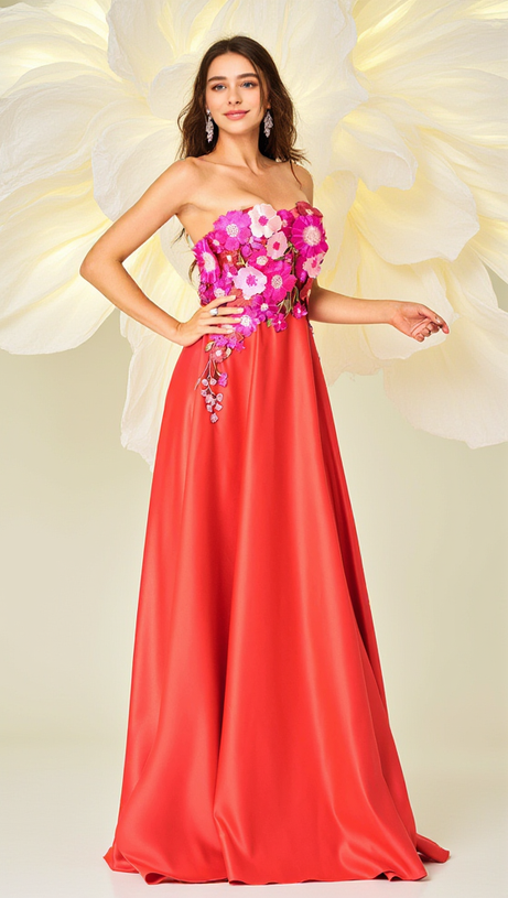 EMBROIDERED FLORAL STRAPLESS A-LINE MAXI DRESS IN RED