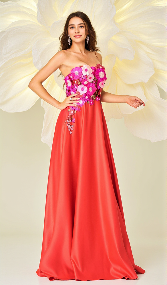 AIIZIE EMBROIDERED FLORAL STRAPLESS A-LINE MAXI DRESS IN RED - product image