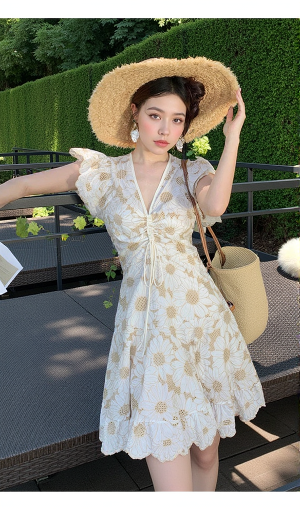 AIIZIE RENATA DAISY GUIPURE V NECK MINI DRESS - product image