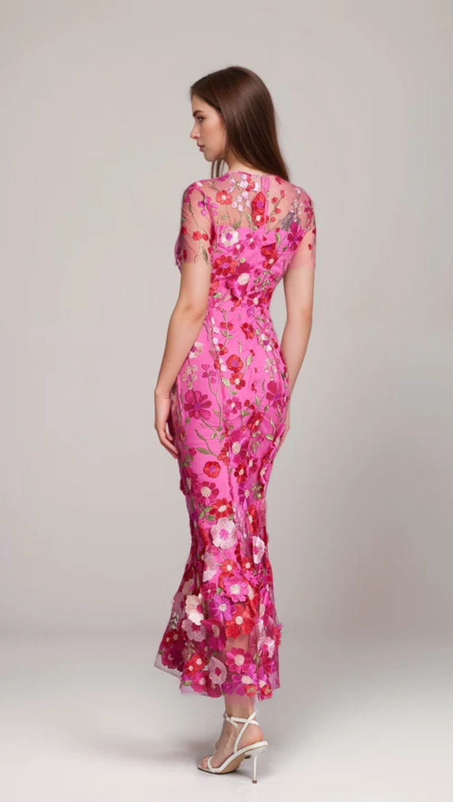 CAROL ROSE RED FLORAL EMBROIDERY MESH FISHTAIL MIDI DRESS