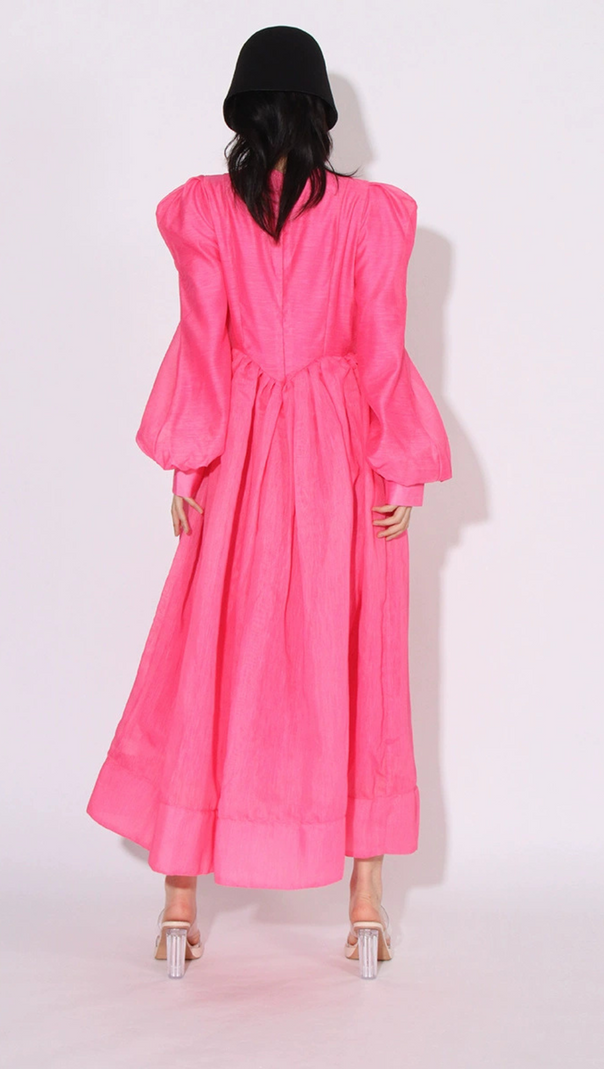 AIIZIE DELIA PINK LANTERN SLEEVE ROUND NECK MIDI DRESS - product image