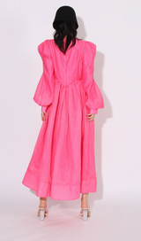 DELIA PINK LANTERN SLEEVE ROUND NECK MIDI DRESS