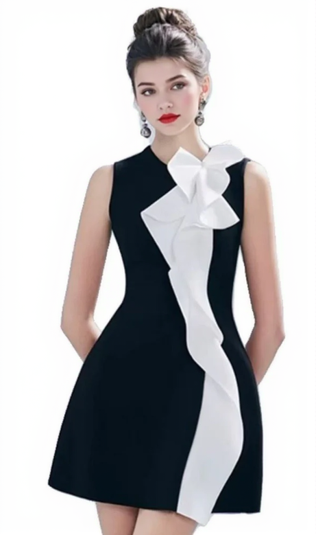 CONTRAST COLOR PATCHWORK RUFFLE MINI DRESS