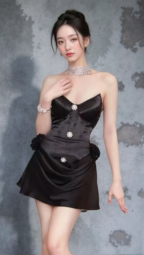 AMEERA BLACK CORSET FLOWER MINI DRESS