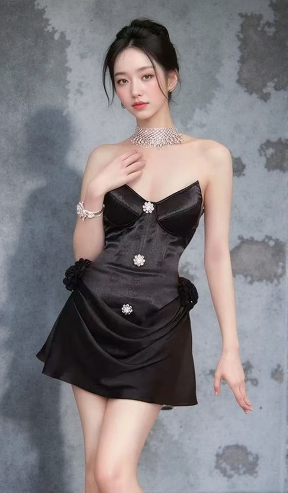 AMEERA BLACK CORSET FLOWER MINI DRESS