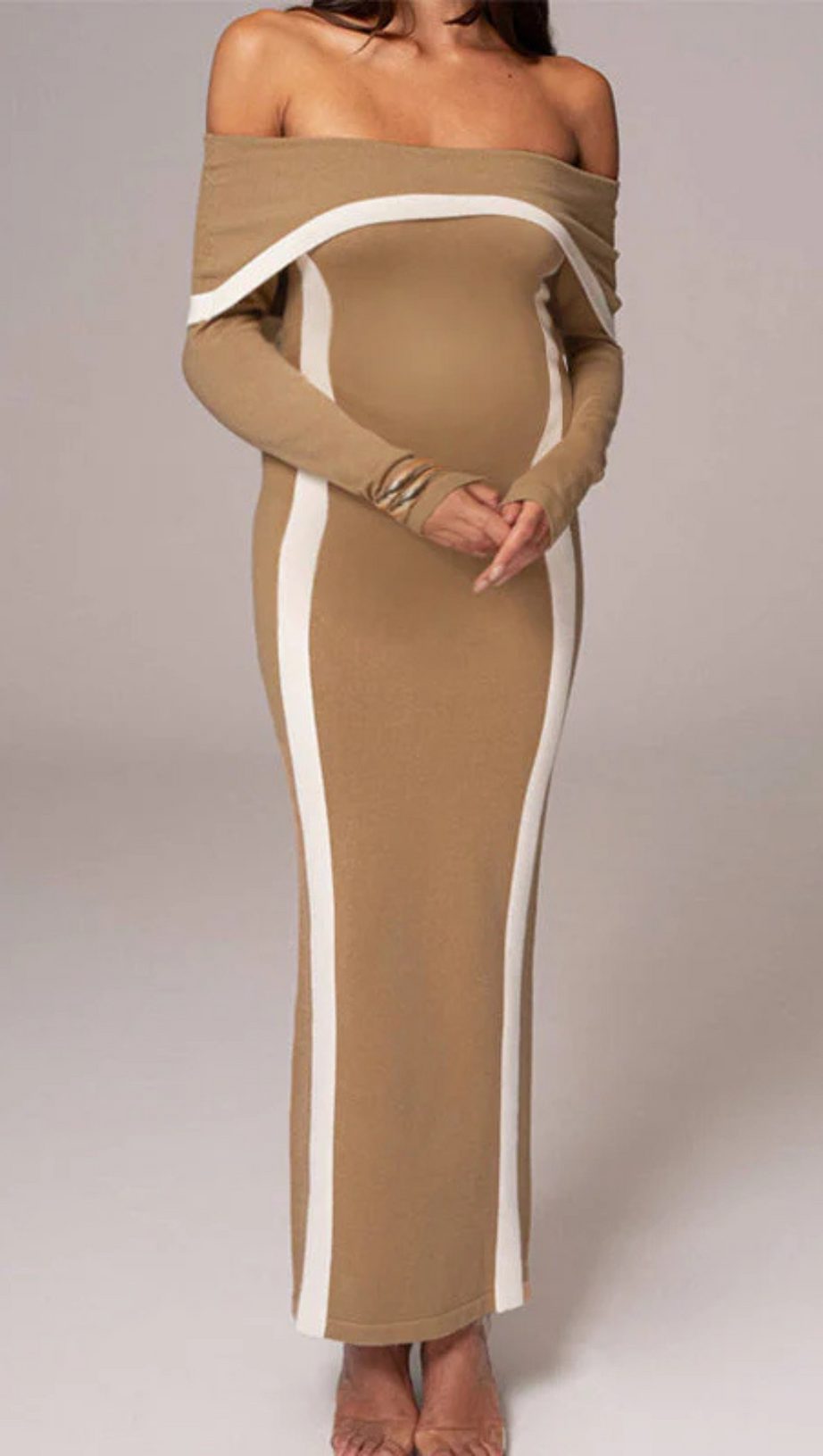 BEIGE JANET OFF SHOULDER MAXI DRESS
