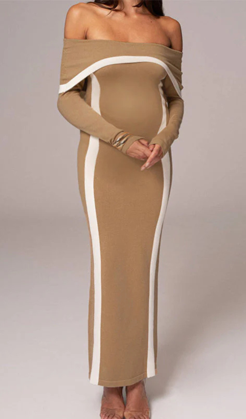 BEIGE JANET OFF SHOULDER MAXI DRESS