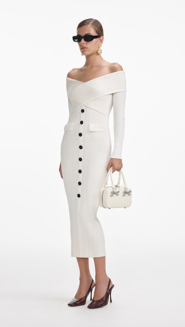 AIIZIE CREAM OFF SHOULDER KNIT MIDI DRESS - product image