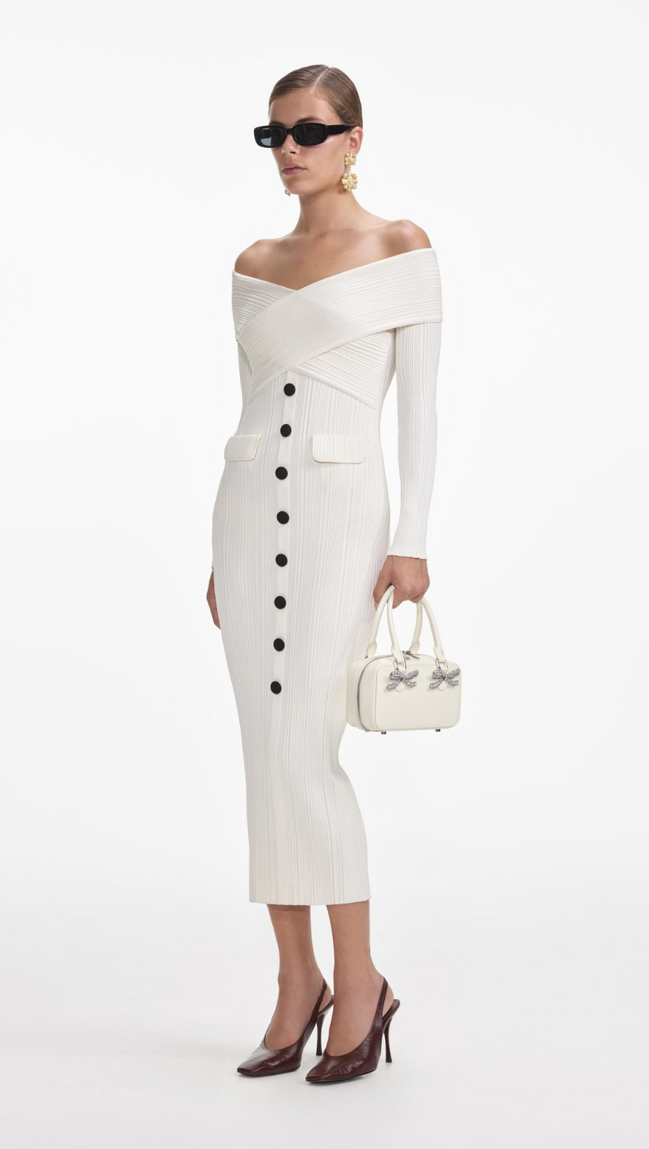 CREAM OFF SHOULDER KNIT MIDI DRESS