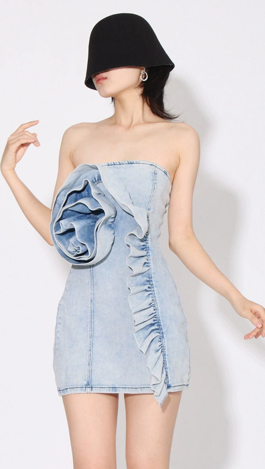 ALISON BLUE RUFFLED TRIM STRAPLESS DENIM MINI DRESS