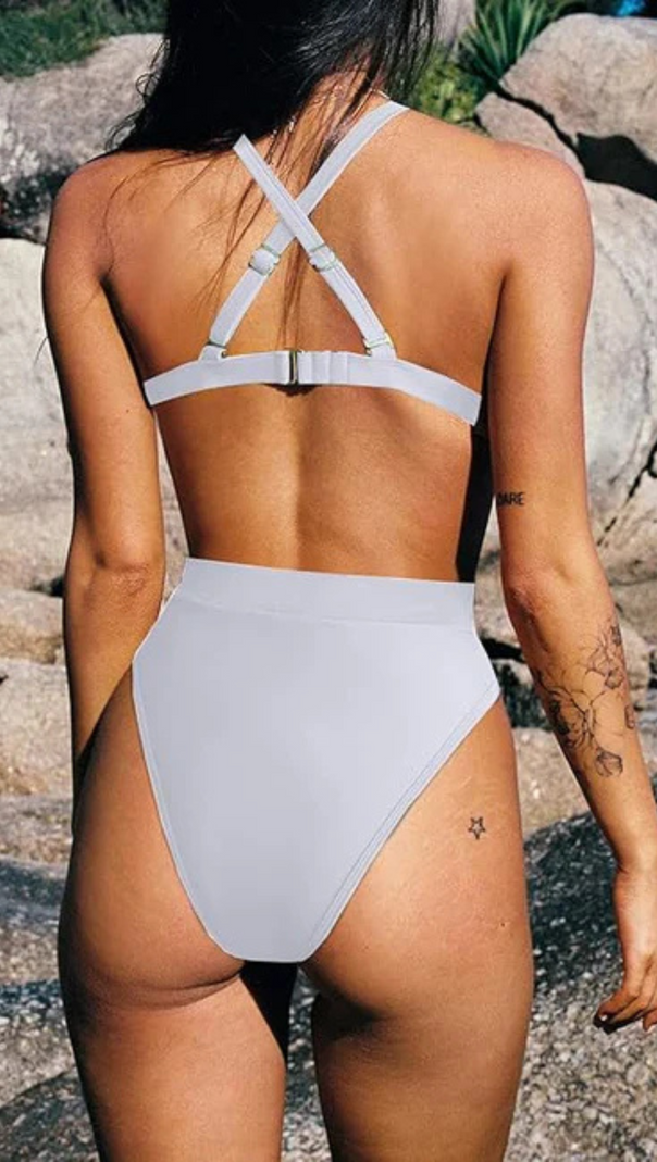 AIIZIE KNOT FRONT GLITTER BIKINI TOP IN SILVER - product image