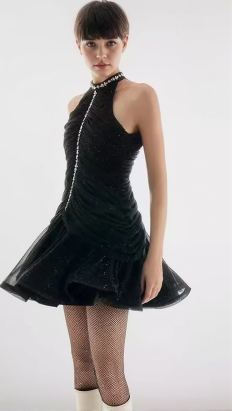 AMENAE EMBELLISHED RUCHED MINI DRESS IN BLACK