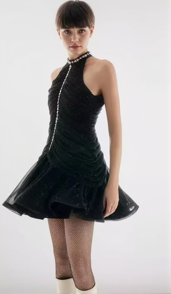 AIIZIE AMENAE EMBELLISHED RUCHED MINI DRESS IN BLACK - product image