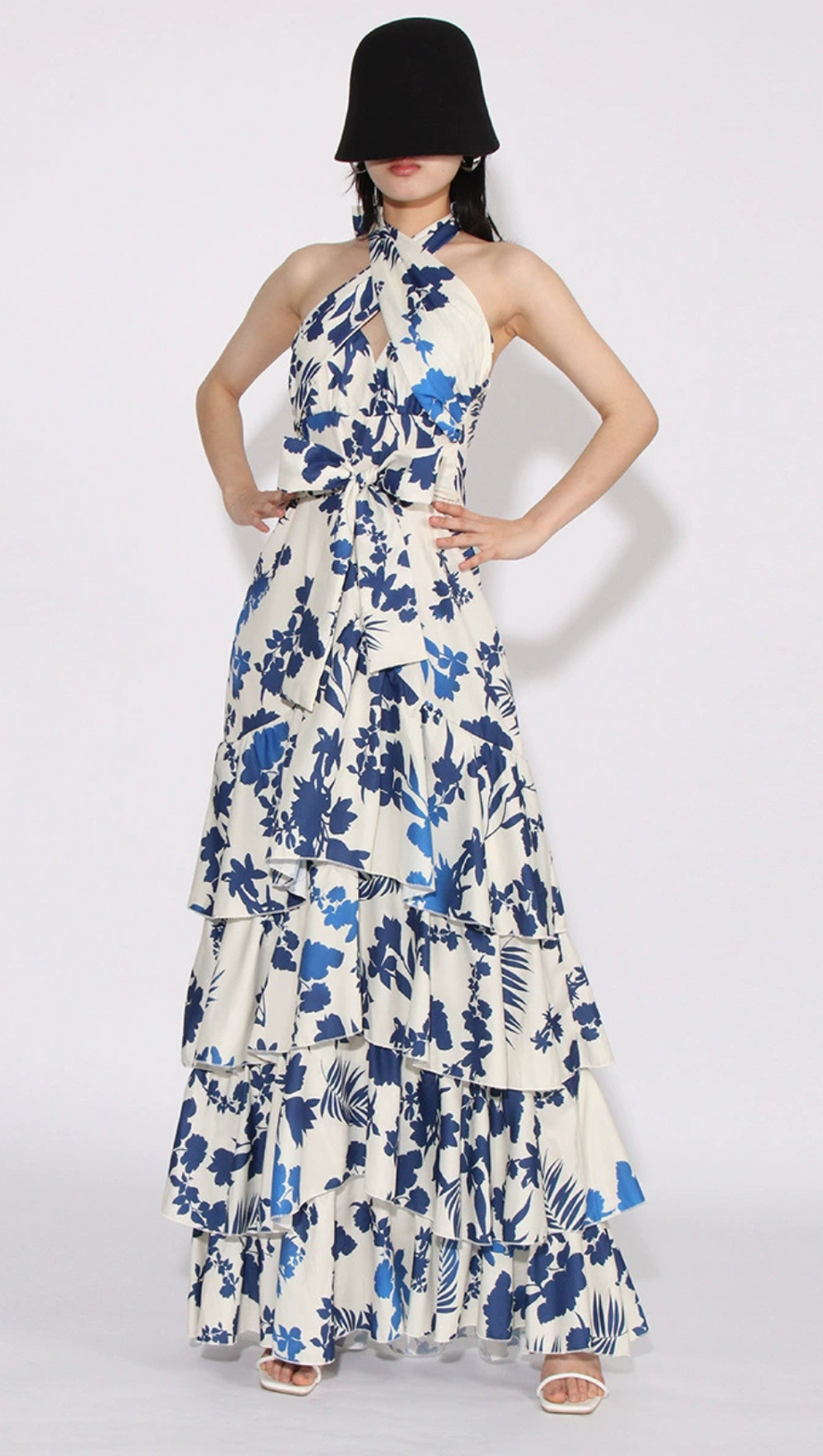 CAROLINE SLEEVELESS RUFFLED PRINT HALTER MAXI DRESS