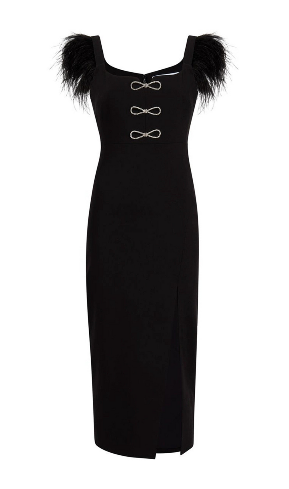 ABITO MIDI CON FASCIA E PIUME CON FIOCCO NERO CARI