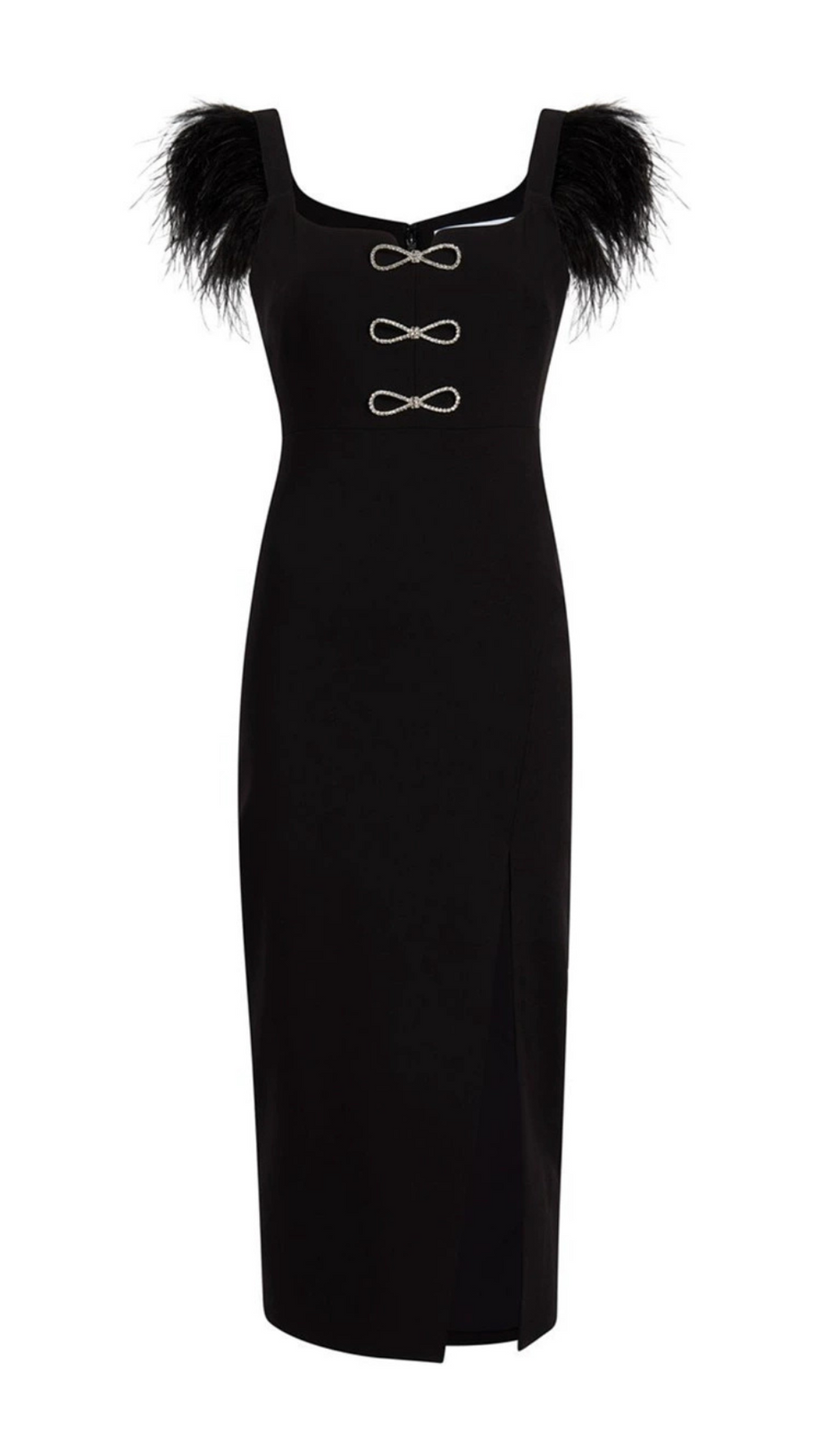 CARI BLACK BOW FEATHER BANDAGE MIDI DRESS