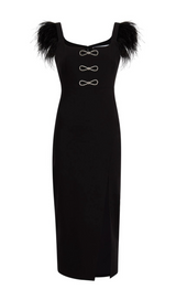 CARI BLACK BOW FEATHER BANDAGE MIDI DRESS