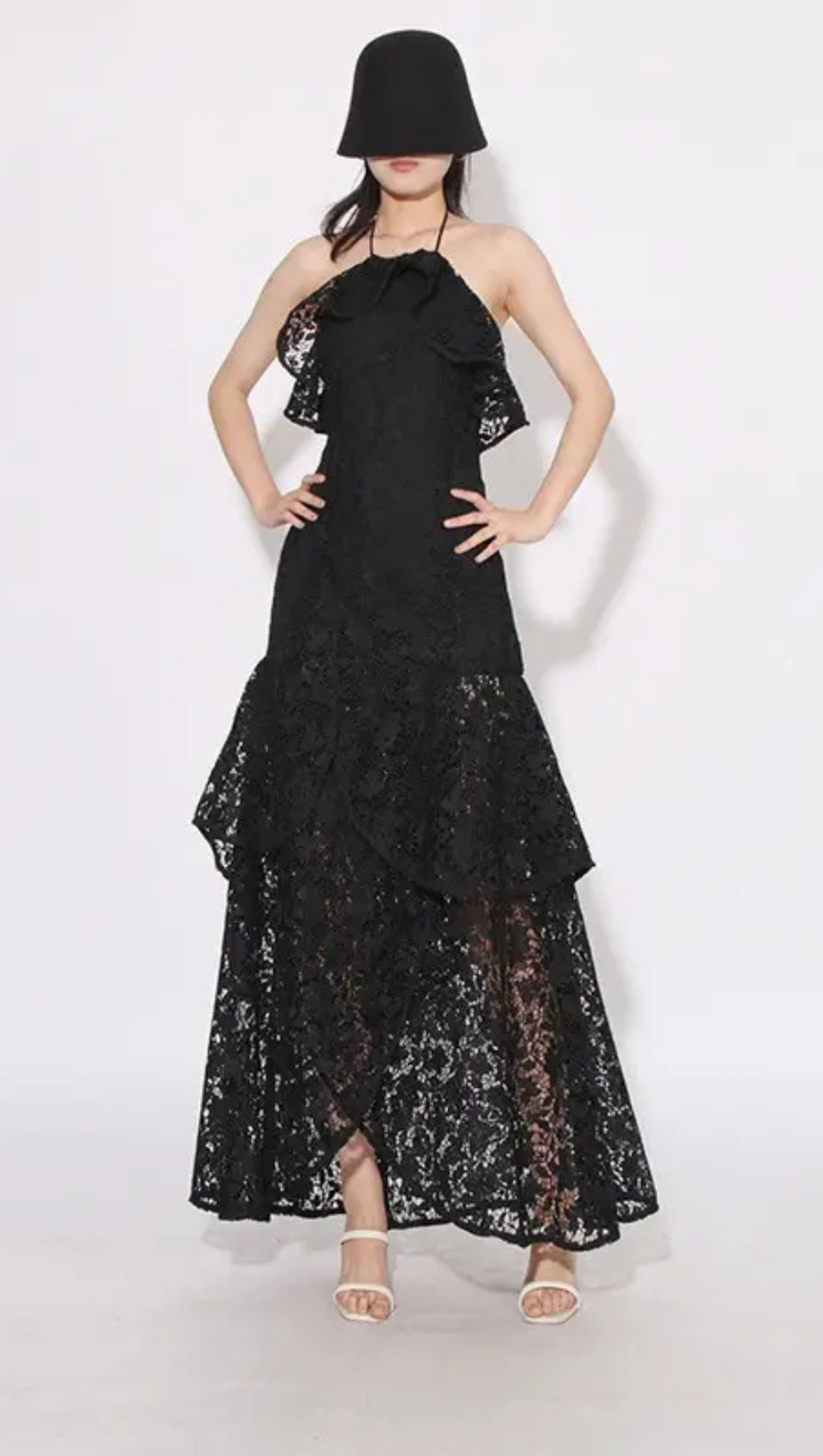 LYNN GARDENIA GUIPURE LACE RUFFLE GOWN IN BLACK