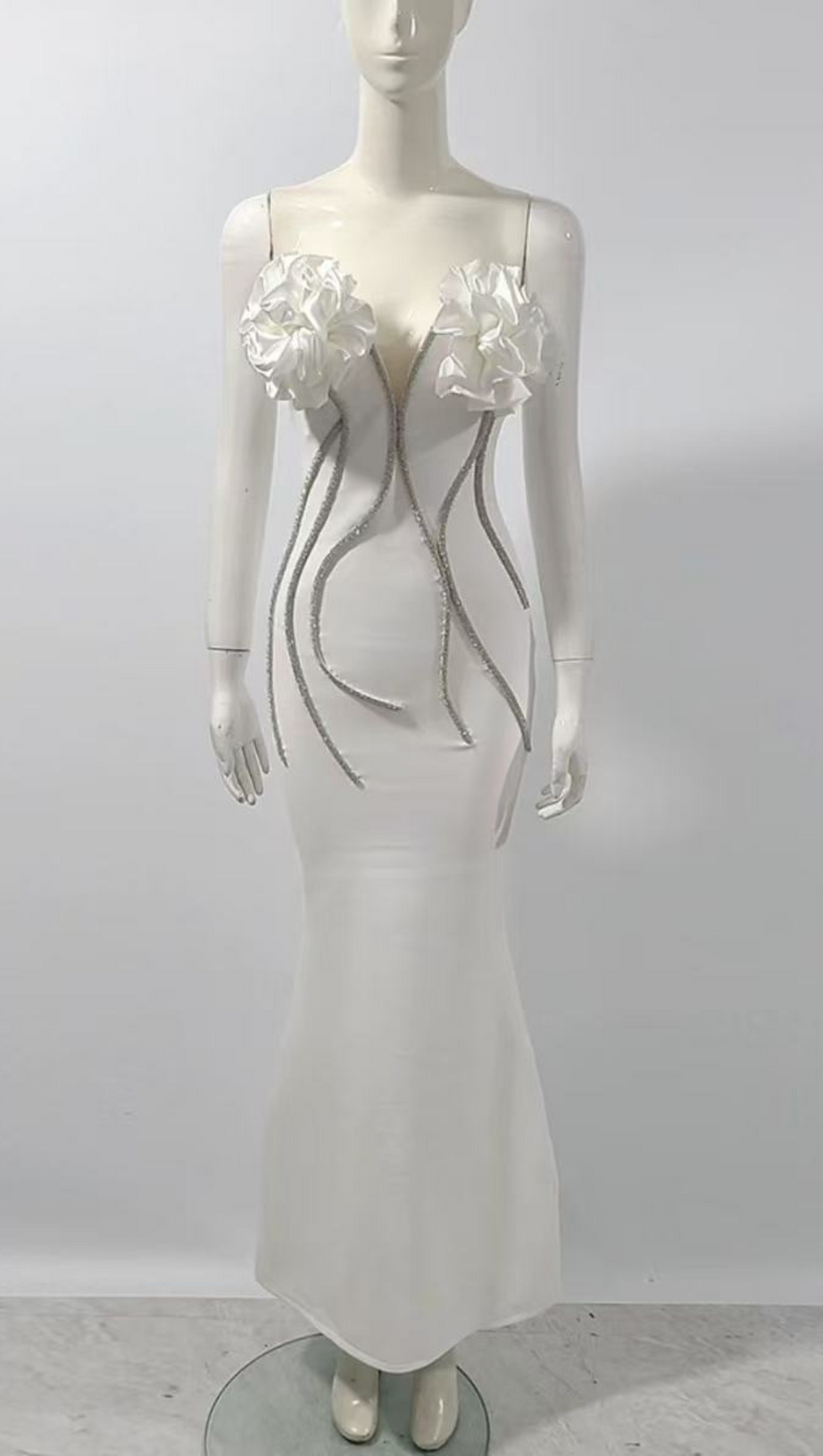 OFF SHOULDER FLOWER EMBELLISHED BODYCON GOWN