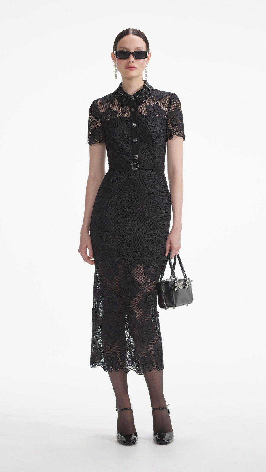 BLACK LACE DIAMANTE MIDI DRESS