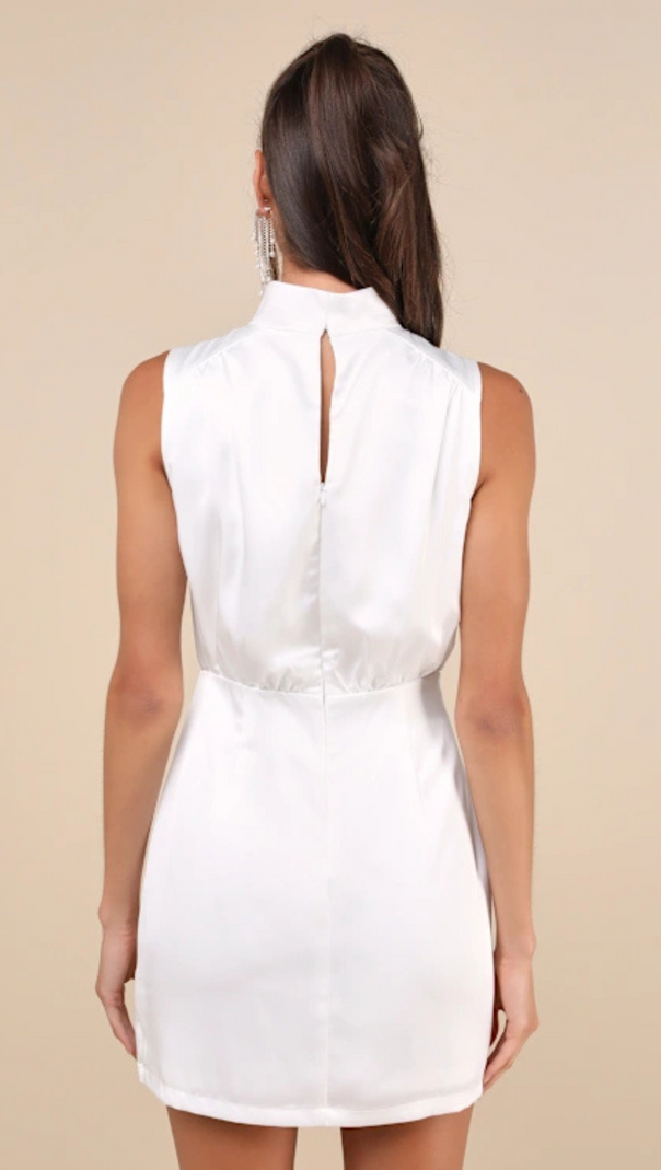 AIIZIE WHITE SATIN SLEEVELESS MOCK NECK MINI DRESS - product image