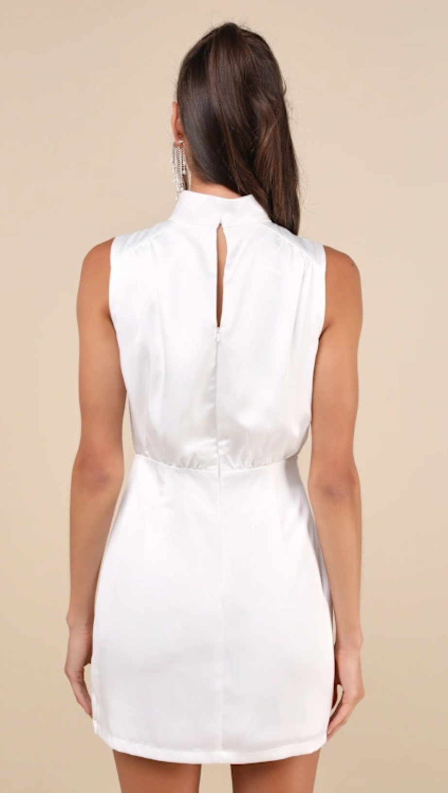 WHITE SATIN SLEEVELESS MOCK NECK MINI DRESS
