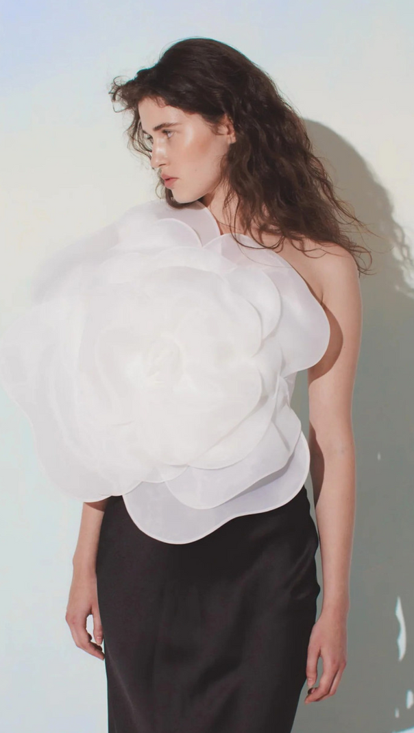 AIIZIE 3D WHITE FLOWER ONE-SHOULDER MAXI DRESS IN BLACK - product image