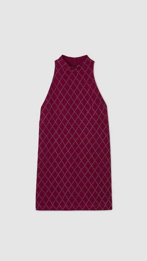 ABITO CORTO RIVA CON MOTIVO A STRASS A FORMA DI DIAMANTE, COLOR BORDEAUX