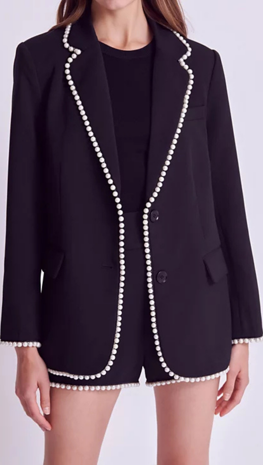 IMITATION PEARL TRIM BLAZER IN BLACK