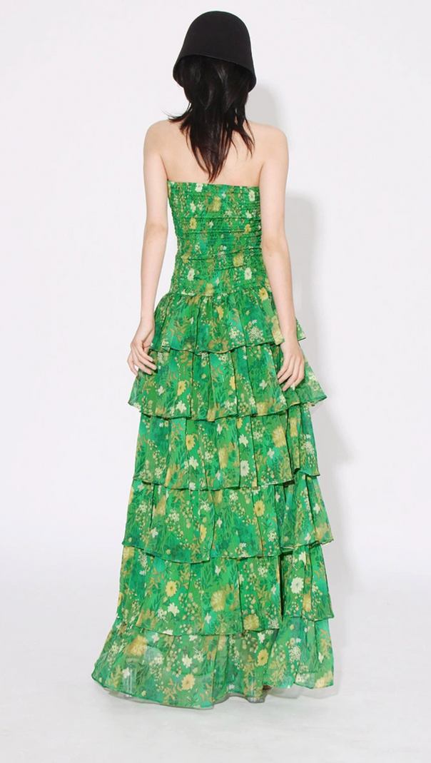 AIIZIE STRAPLESS LAYERED BANDEAU FLORAL PRINT MAXI DRESS IN GREEN - product image