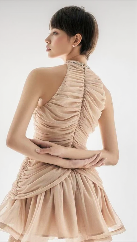 CHAMPAGNE AMENAE EMBELLISHED RUCHED MINI DRESS