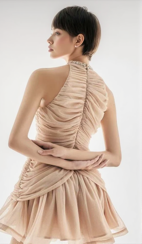 AIIZIE CHAMPAGNE AMENAE EMBELLISHED RUCHED MINI DRESS - product image