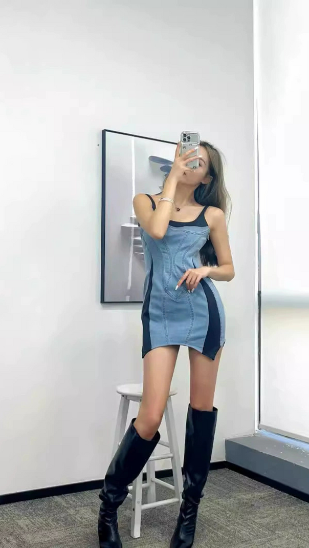 AIIZIE DENIM JERSEY BODYCON MINI DRESS IN BLUE - product image