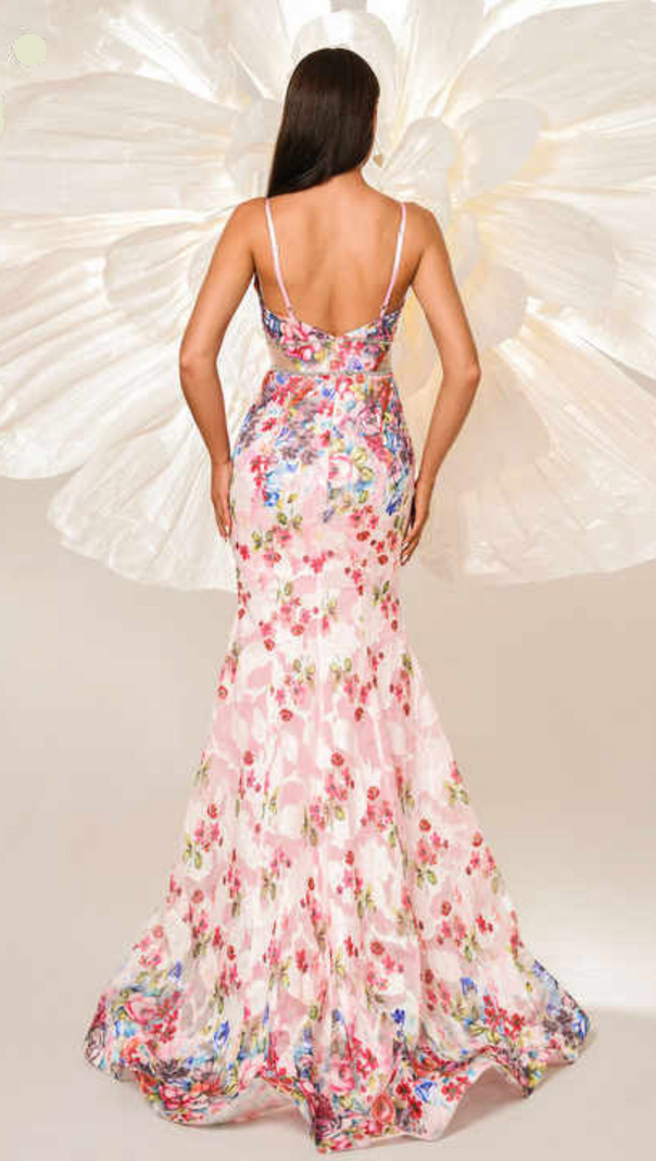 AIIZIE SPAGHETTI STRAPS FLORAL PRINT MERMAID MAXI DRESS IN PINK - product image