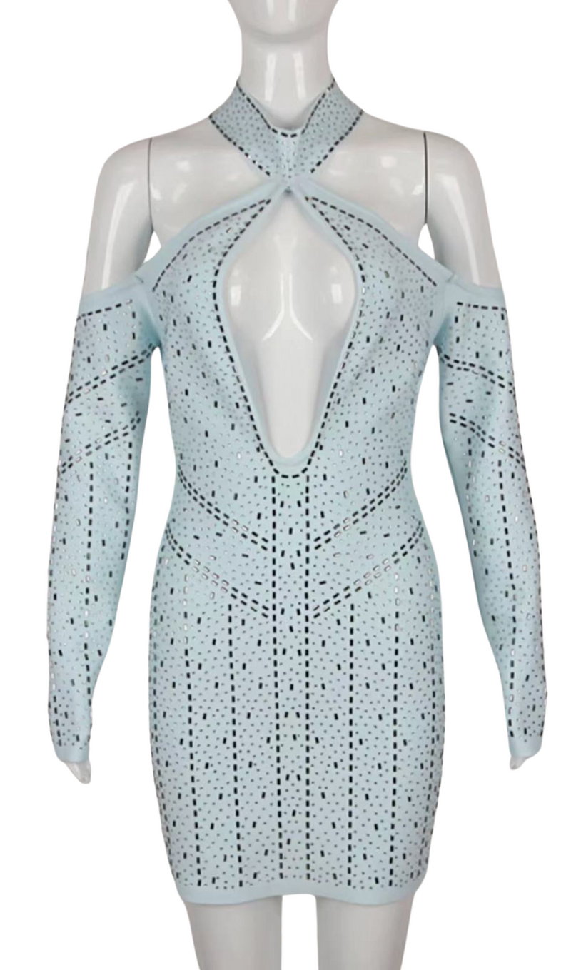 CRYSTAL EMBELLISHED CUTOUT HALTER BODYCON DRESS