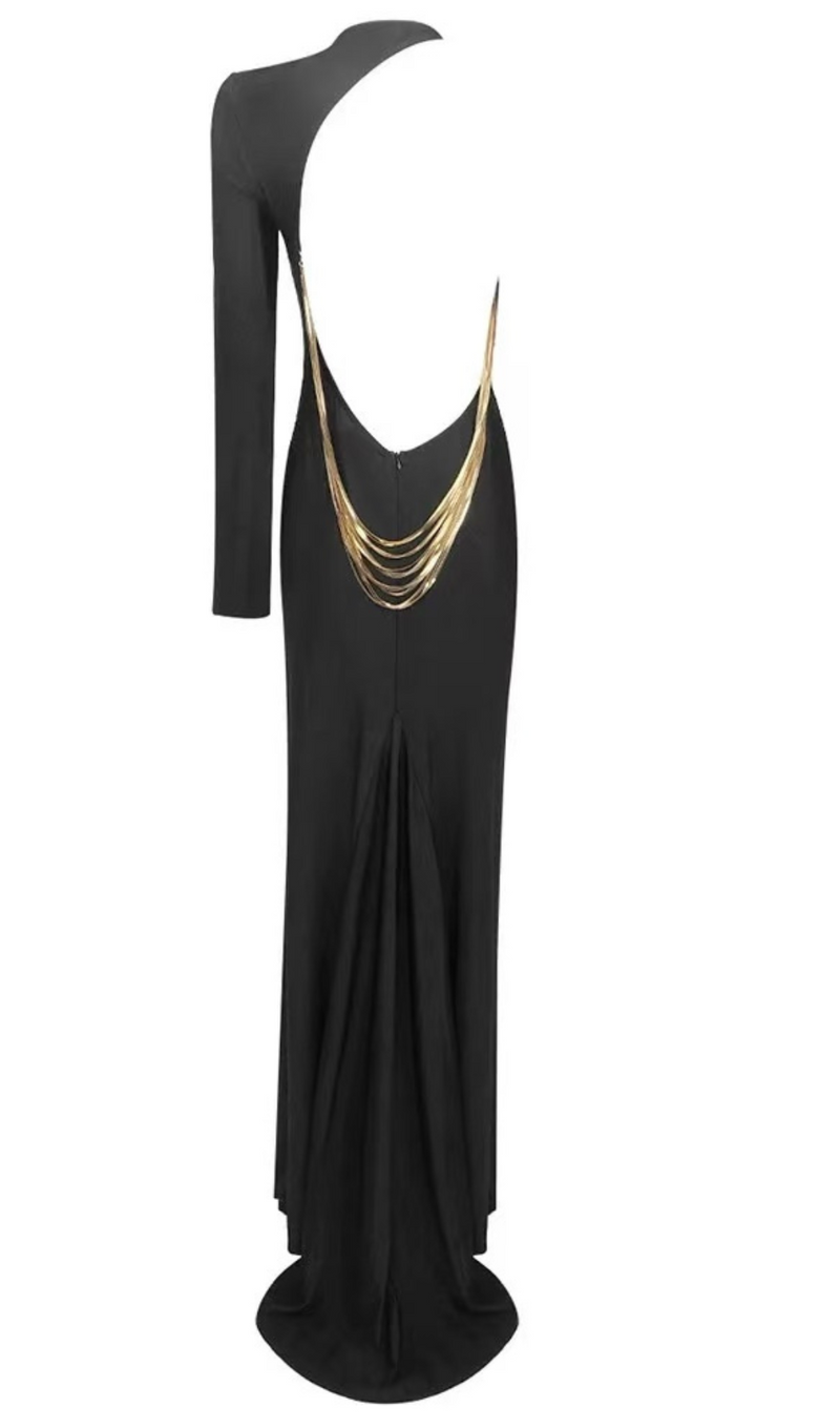 ANGELOU BLACK BACKLESS CHAIN MAXI DRESS