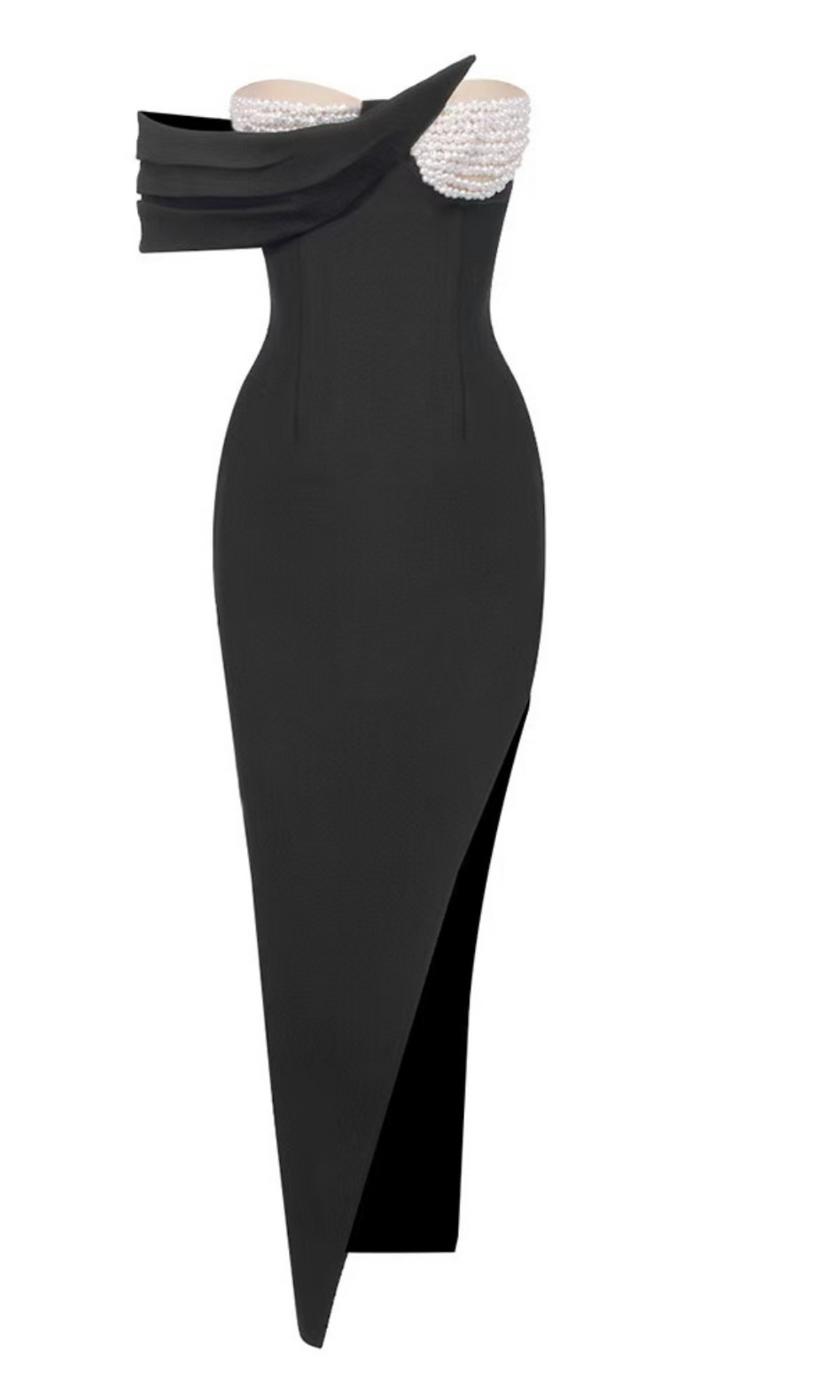 PEARL EMBELLISHED OFF-SHOULDER HIGH SPLIT DRESS