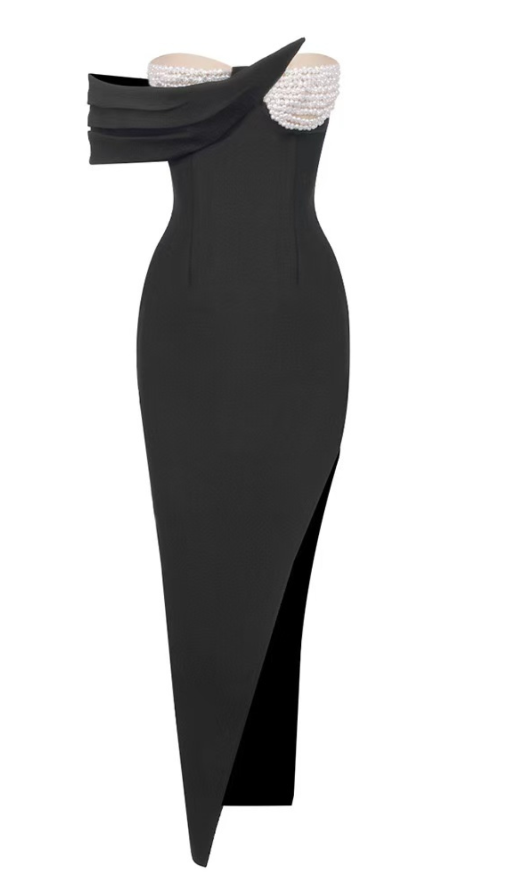 Schulterfreies Kleid mit hohem Schlitz und Perlenverzierung