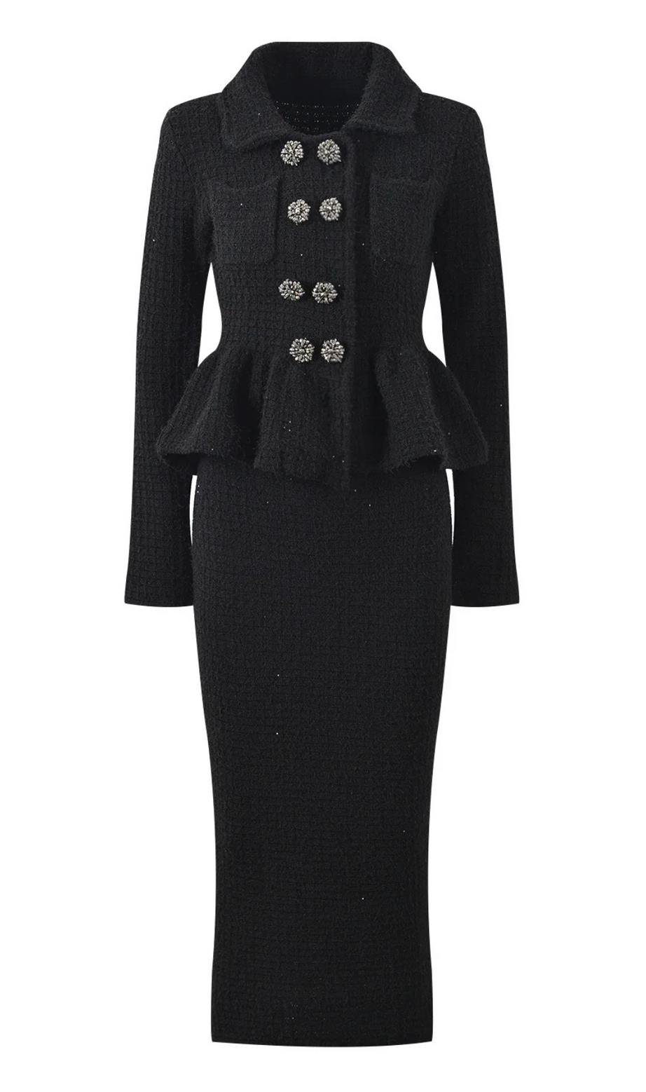 BLACK TEXTURED KNIT PEPLUM MIDI DRESS