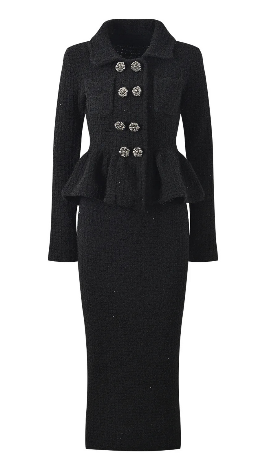 BLACK TEXTURED KNIT PEPLUM MIDI DRESS