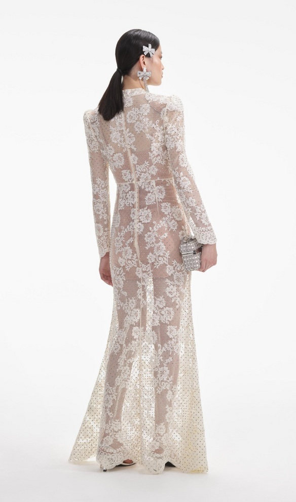 WHITE RHINESTONE LACE MAXI DRESS