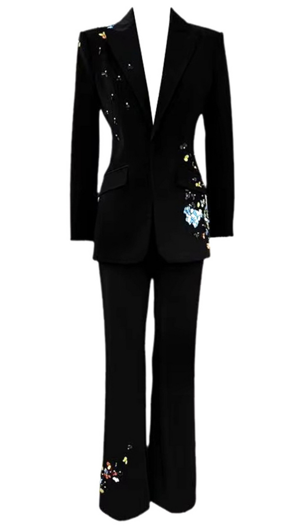 AIIZIE SEQUIN FLOWER SCRUNCHED BLACK BLAZER SET - product image