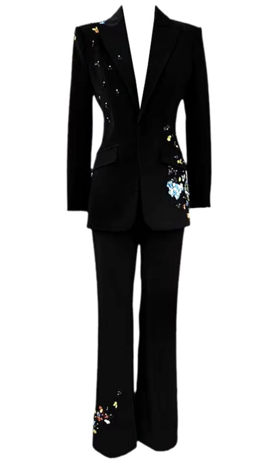 Completo blazer nero con paillettes e fiori arricciati
