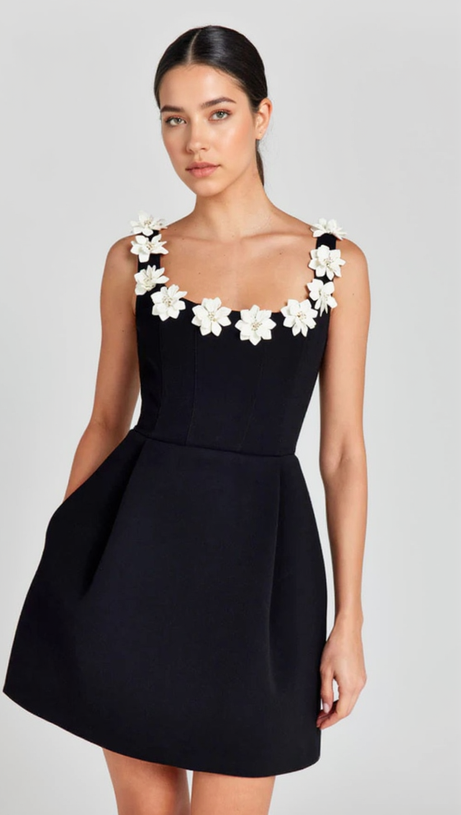 ZENOBIA FLOWER EMBELLISHED BLACK MINI DRESS