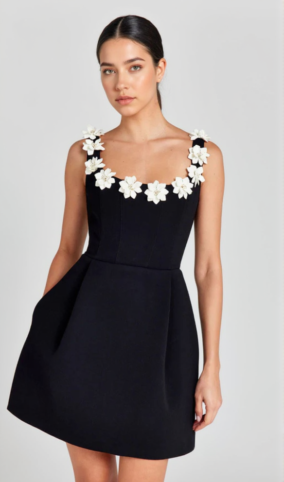 ZENOBIA FLOWER EMBELLISHED BLACK MINI DRESS