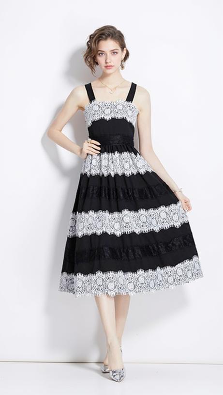 AFRA BLACK LACE STRIPES MIDI STRAP MIDI DRESS