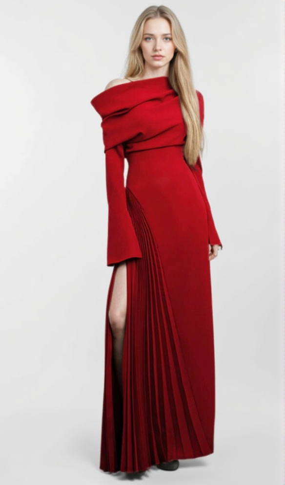 ALBERTA RED ONE SHOULDER SLIT PLEATED MAXI DRESS